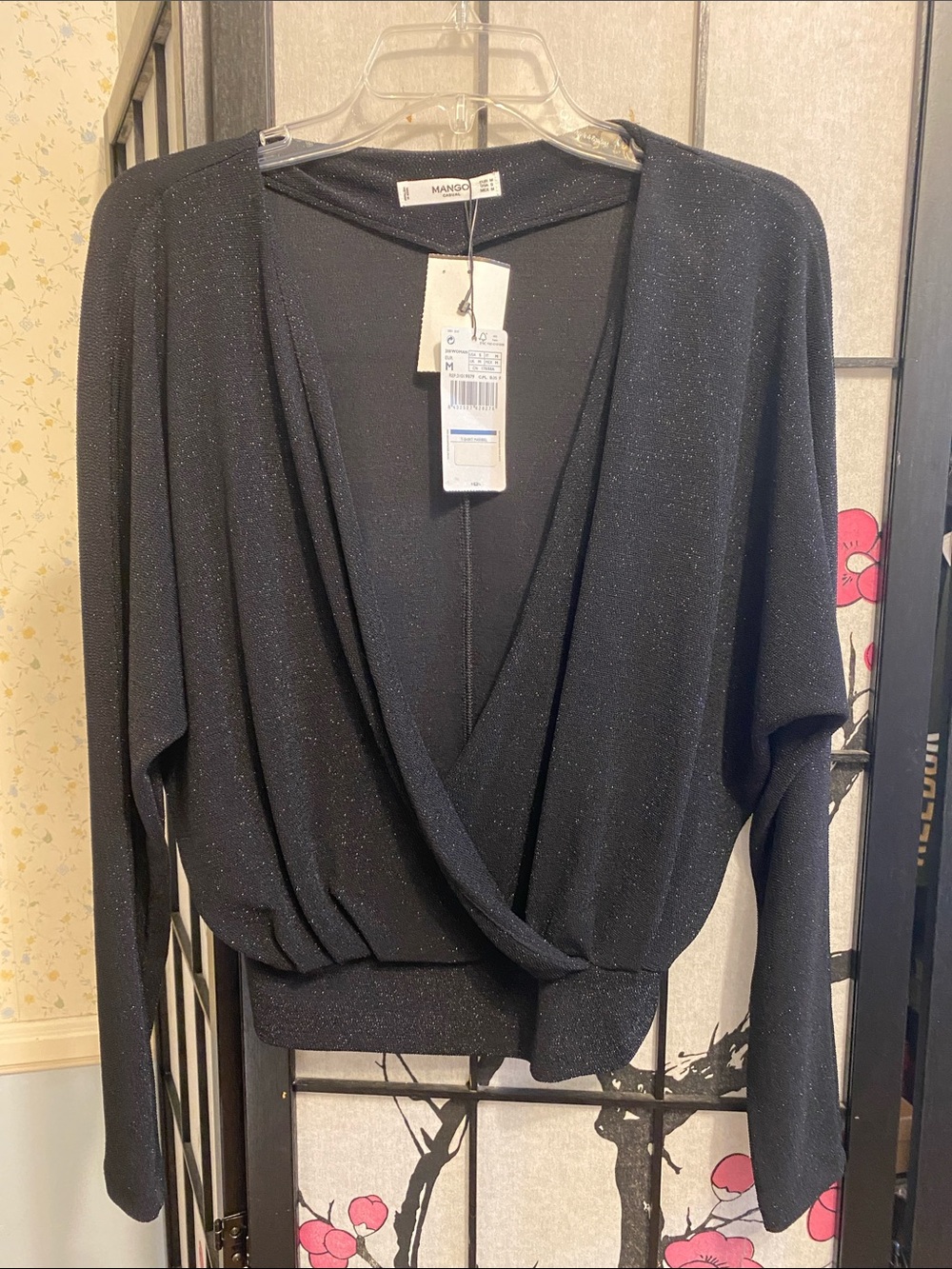 Mango Black Metallic Wrap-Front Long Sleeve Top